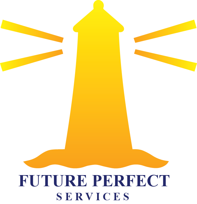 Future Perfect Services logo — gold lighthouse icon with navy text on a transparent background.