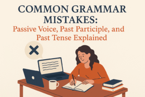 Illustration of a person writing at a desk with a laptop and books, symbolizing grammar lessons on passive voice, past participle, and past tense.