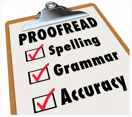 Clipboard graphic with checkmarks labeled Proofread, Spelling, Grammar, and Accuracy.