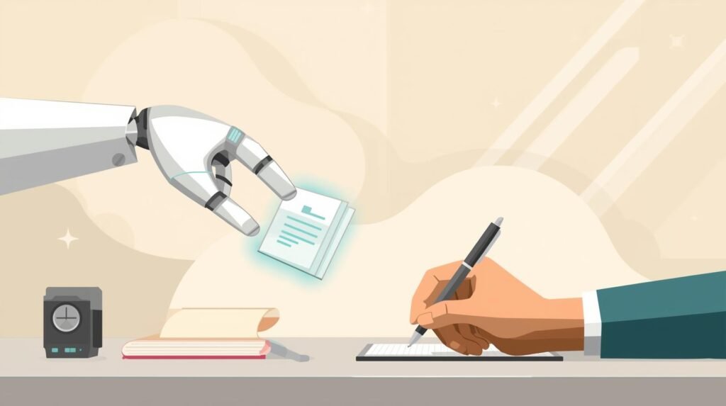 Flat illustration of a robotic AI hand passing a glowing digital document to a human author’s hand writing at a desk — symbolizing collaboration and support in choosing the right AI editor.