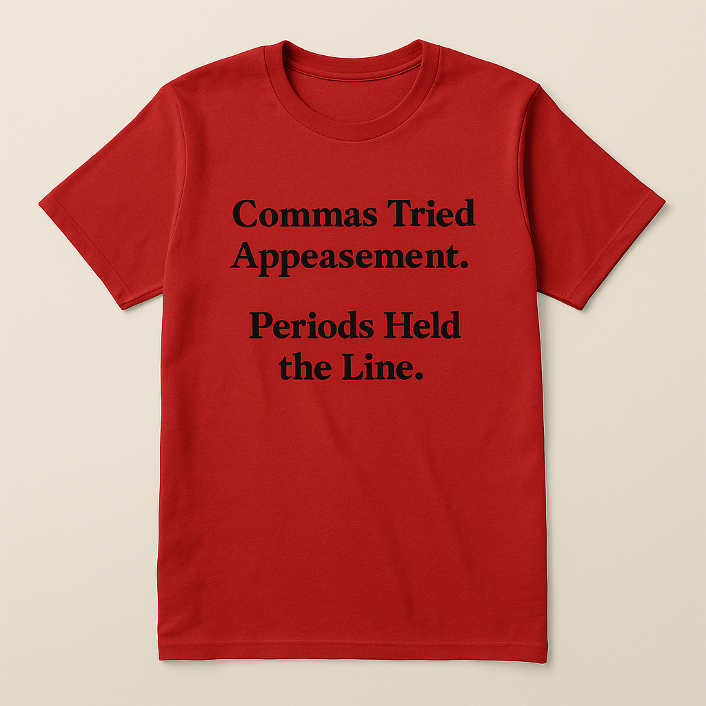 A red short-sleeved t-shirt with black lettering that reads: “Commas Tried Appeasement. Periods Held The Line.” The shirt references grammar humor and mimics the style of Star Trek “redshirt” jokes.