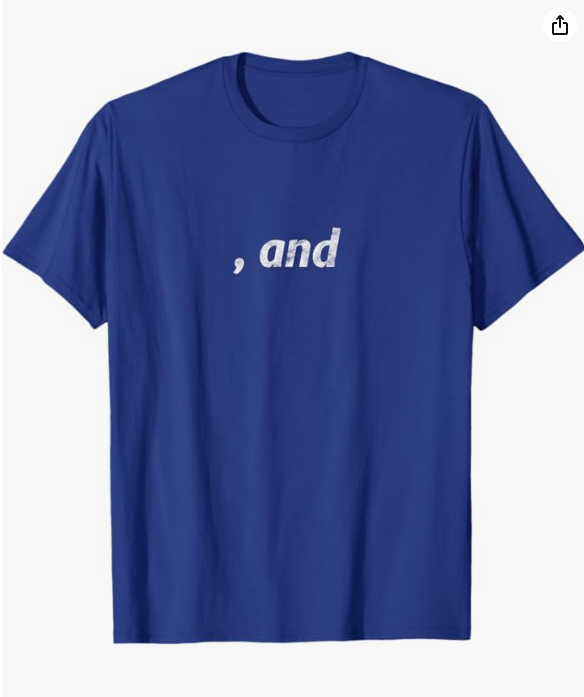 Blue t-shirt with small white text: “and”