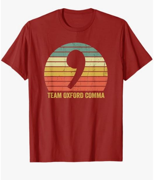 Retro-style red t-shirt with a large oxford comma graphic and the text "Team Oxford Comma"