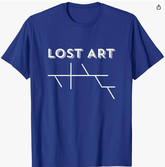 Navy shirt with the phrase “LOST ART” styled to resemble a sentence diagram, referencing the nearly forgotten skill of sentence diagramming.