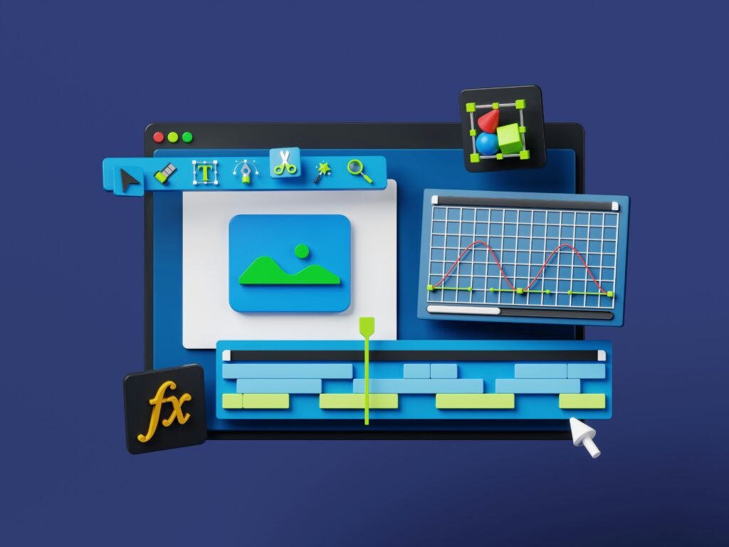 Stylized 3D digital dashboard with graphs and icons, representing content growth and structured blogging strategy.