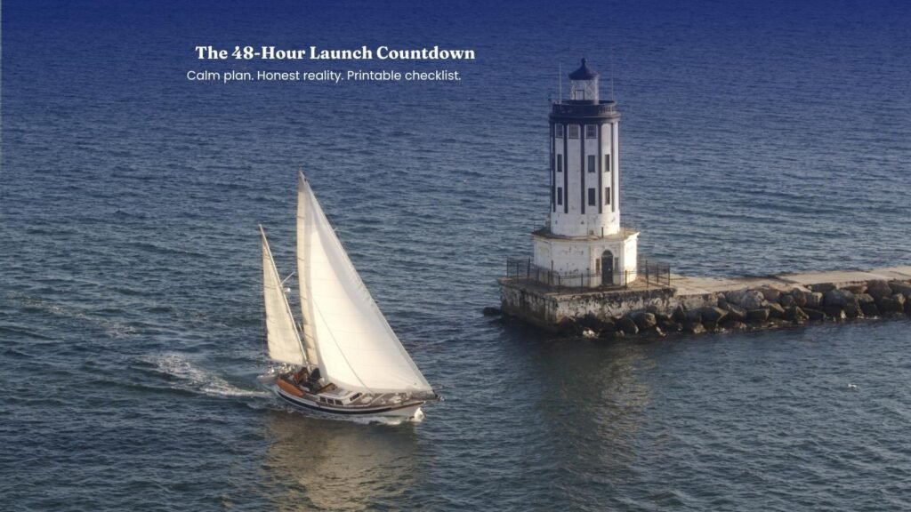 Sailboat passing a black-and-white lighthouse on a calm sea beneath a soft top gradient.