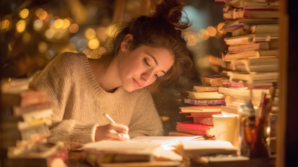 Woman journaling by candlelight at a cozy wooden desk, surrounded by soft lighting and warm tones.
