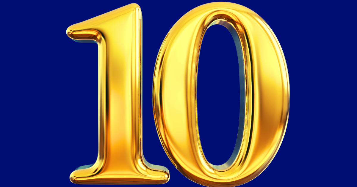 Golden numeral 10 on deep blue background.
