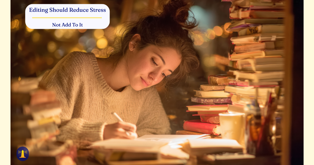 Woman journaling by candlelight at a cozy wooden desk, surrounded by soft lighting and warm tones.