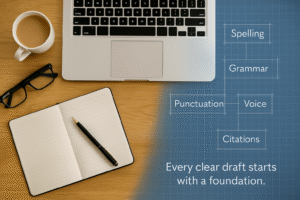 Overhead view of a writing desk with a MacBook, open notebook, coffee, glasses, and a blueprint overlay showing style guide elements like spelling, grammar, punctuation, voice, and citations.