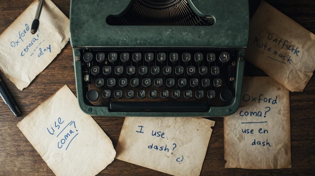 Vintage typewriter surrounded by handwritten paper scraps with editing notes like “Oxford comma?” and “Use en dash.”