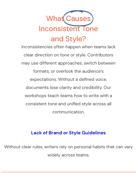 Infographic titled “What Causes Inconsistent Tone and Style?” showing how lack of shared rules creates confusion in team writing.