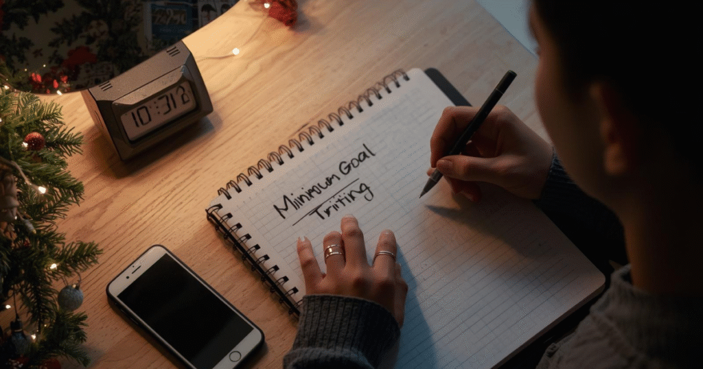 Person writing “Minimum Goal: Writing” in a notebook at a warmly lit desk, with a phone, vintage clock, and small evergreen branch nearby.