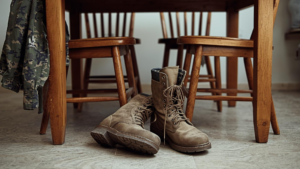 Worn army combat boots under a wooden kitchen table, surrounded by four chairs; one boot is tipped over, and a fatigue jacket hangs on a nearby chair.