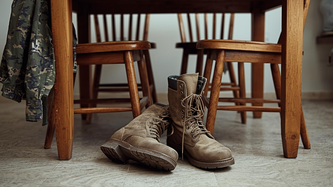 Worn army combat boots under a wooden kitchen table, surrounded by four chairs; one boot is tipped over, and a fatigue jacket hangs on a nearby chair.