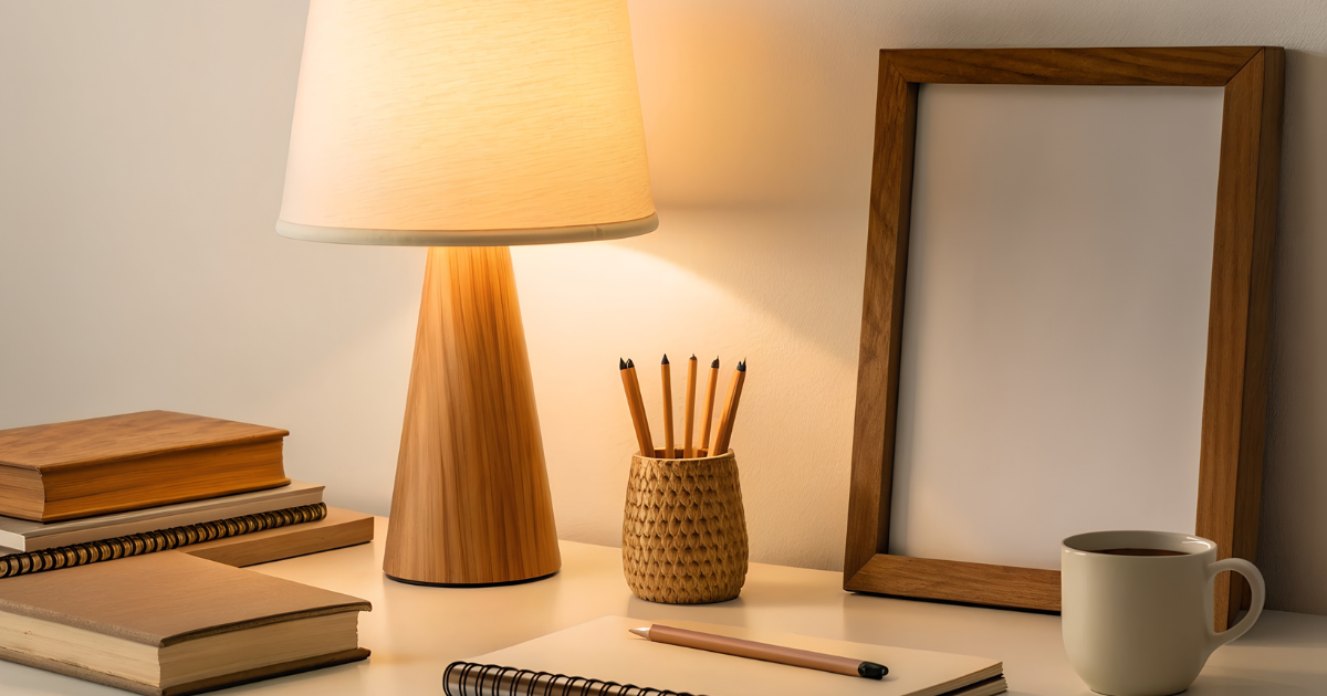 Warm desk scene with a soft lamp, stacked books, and writing tools arranged neatly on a wooden surface.