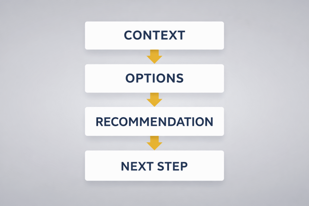 Four stacked text blocks labeled Context, Options, Recommendation, and Next Step, connected by gold arrows to show logical flow.