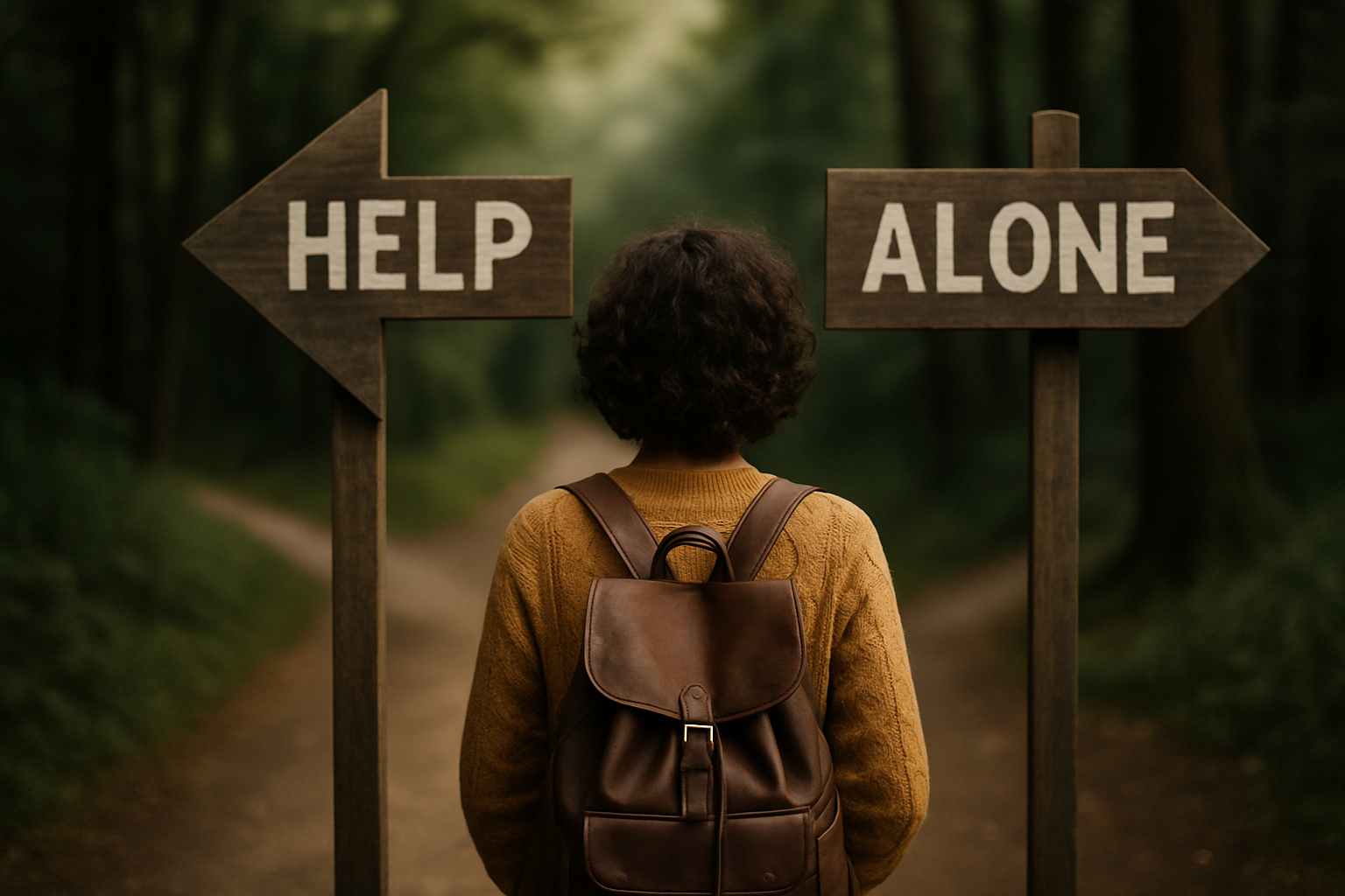 Person standing at a fork in a forest path, looking at two wooden signposts labeled Help and Alone.