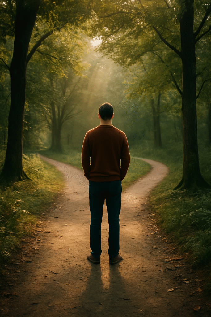 Person standing at a fork in a forest path, facing two diverging trails in soft morning light.