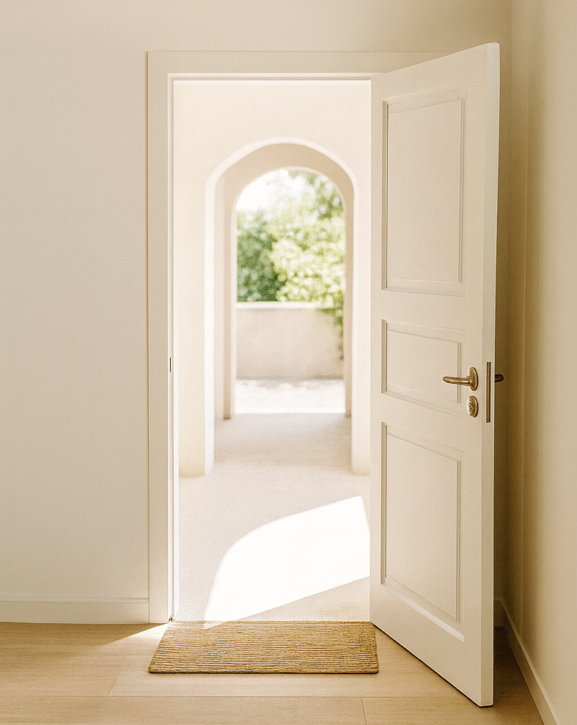 A warmly lit interior doorway stands open, revealing a sunlit hallway and soft green foliage outside—symbolizing invitation, clarity, and new beginnings.