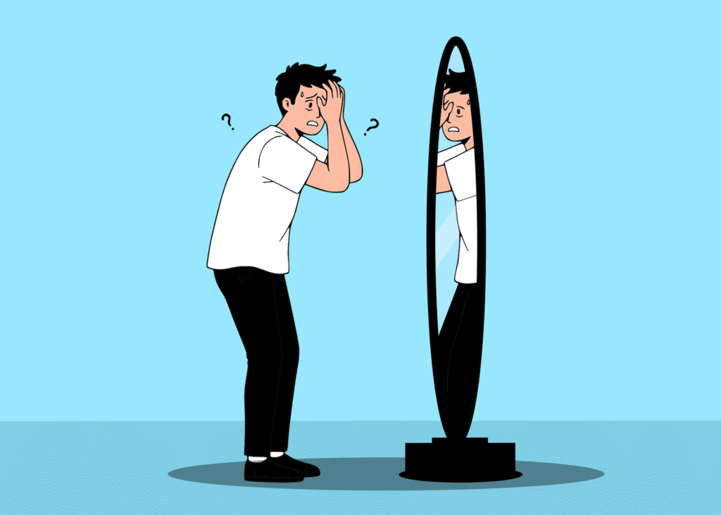 Cartoon of a man looking into a mirror and seeing a distorted reflection of himself.