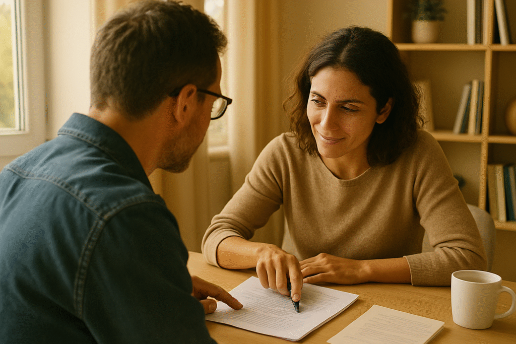 Two people sitting at a table reviewing a document together, discussing revisions in a calm, collaborative setting.