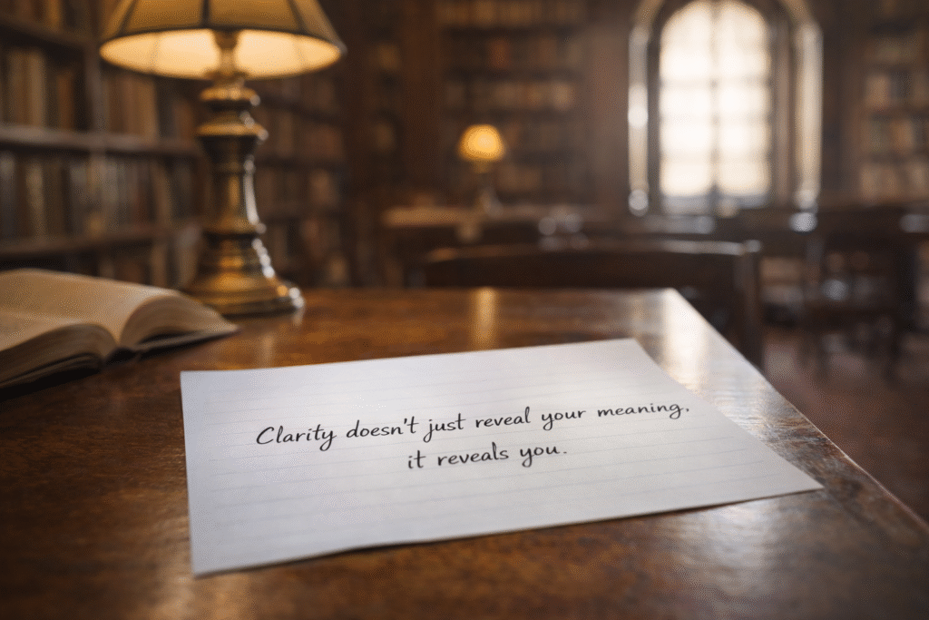 A handwritten quote on lined paper in a quiet library: “Clarity doesn’t just reveal your meaning, it reveals you.”