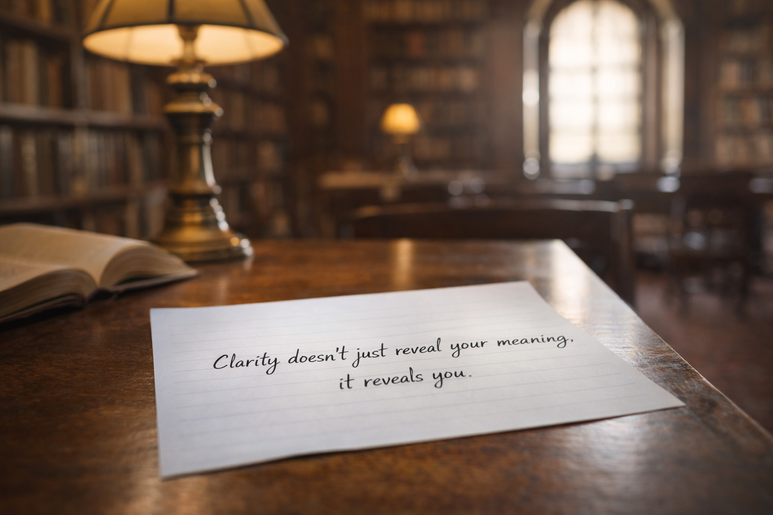 A handwritten quote on lined paper in a quiet library: “Clarity doesn’t just reveal your meaning, it reveals you.”