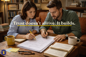 Two professionals reviewing a printed manuscript together at a wooden table, focused and engaged, with the quote “Trust doesn’t arrive. It builds.” displayed over the image.