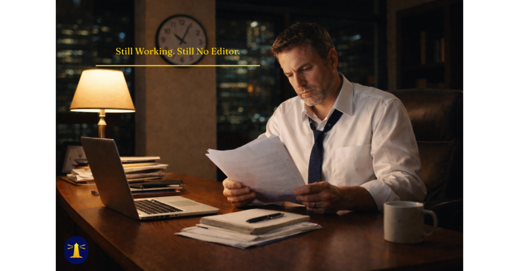 Middle-aged executive working late at a wooden desk with papers, laptop, and coffee, under city lights — symbolizing the stress of needing editorial support at night.