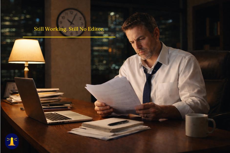 Middle-aged executive working late at a wooden desk with papers, laptop, and coffee, under city lights — symbolizing the stress of needing editorial support at night.