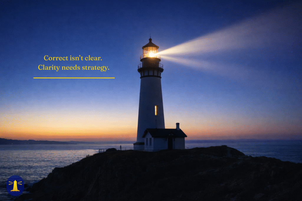 Correct isn’t clear. Clarity needs strategy. FPS brand logo in corner. Lighthouse beam at twilight.