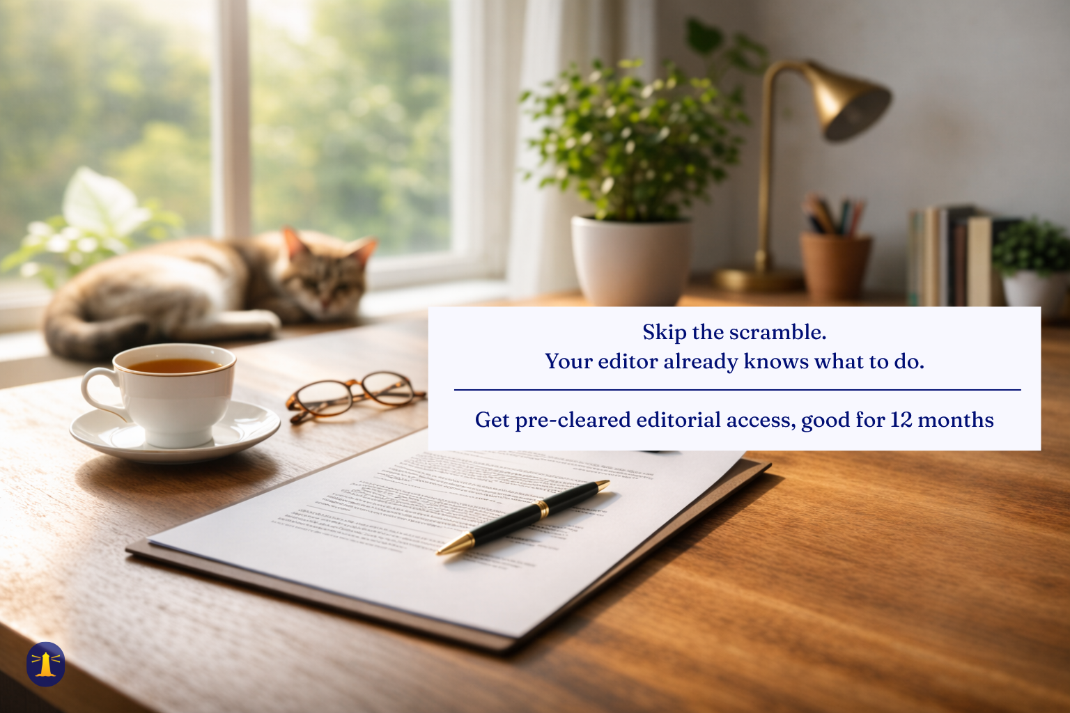 A sunlit writing desk with a pen, documents, and teacup in the foreground; a sleeping cat and large window in the background. Warm, calm editorial workspace.