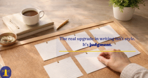 Hand arranging blank index cards on a corkboard with a coffee cup and notebook in the background. Overlaid quote reads: “The real upgrade in writing isn’t style. It’s judgment.”