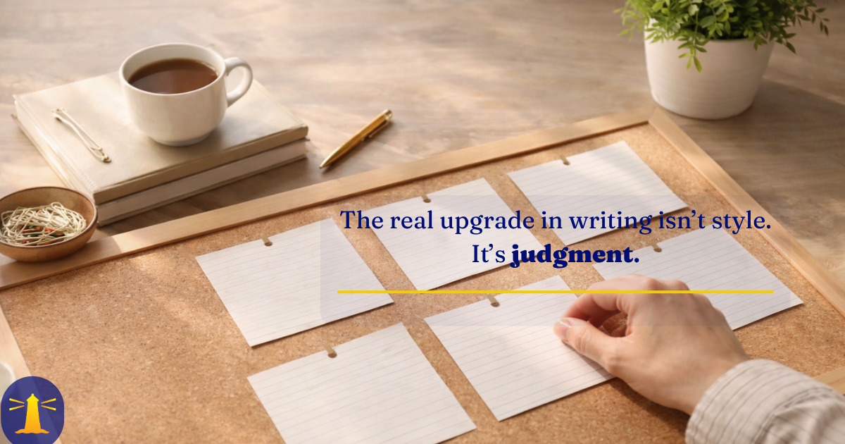 Hand arranging blank index cards on a corkboard with a coffee cup and notebook in the background. Overlaid quote reads: “The real upgrade in writing isn’t style. It’s judgment.”