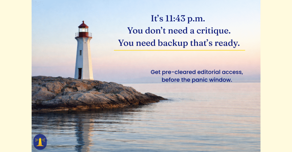 A tall white lighthouse stands on a rocky point, reflected in calm early morning water under a clear sky.