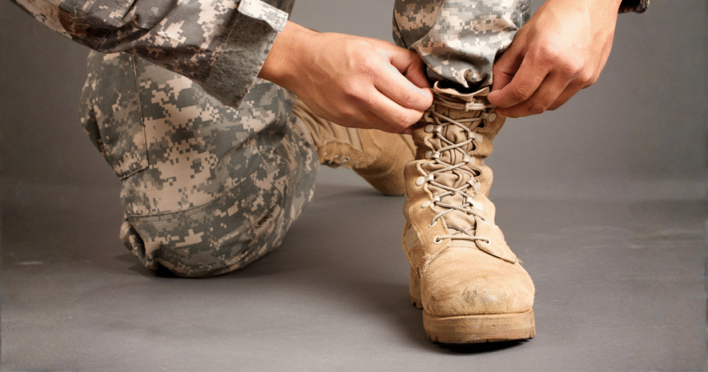 Close-up of a soldier lacing up tan combat boots, symbolizing preparation before deployment.