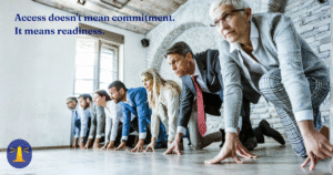 Business professionals crouched in sprinter stance at a starting line, symbolizing calm readiness before action.