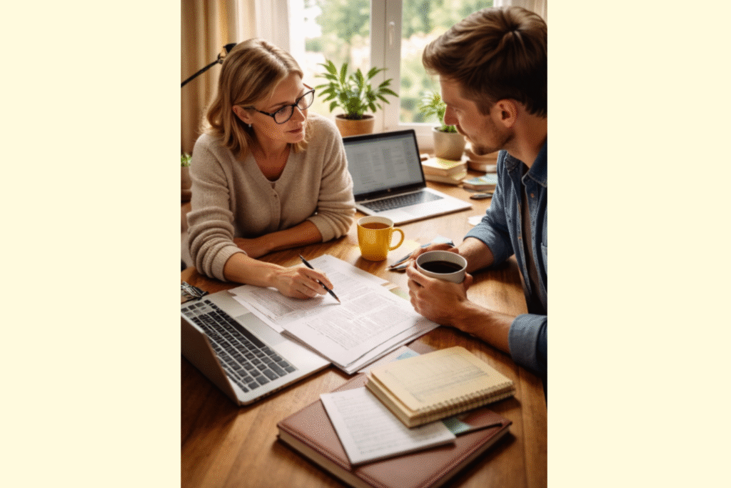 Two professionals reviewing edits on a manuscript together at a wooden table, with the quote “The real upgrade in writing isn’t style. It’s judgment.” displayed over the image.