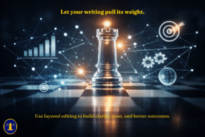 Glass rook on digital chessboard with network graphics and strategy icons in the background.