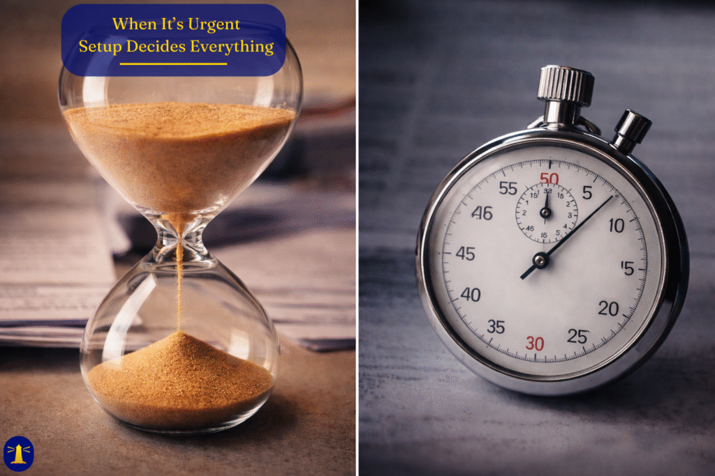 Split image showing an hourglass on the left and a stopwatch on the right, symbolizing setup time versus fast turnaround.