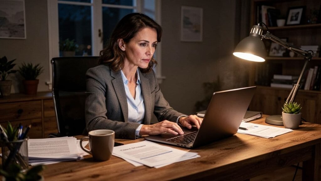 Woman working late at a laptop in a dimly lit home office, focused on a document under a desk lamp.