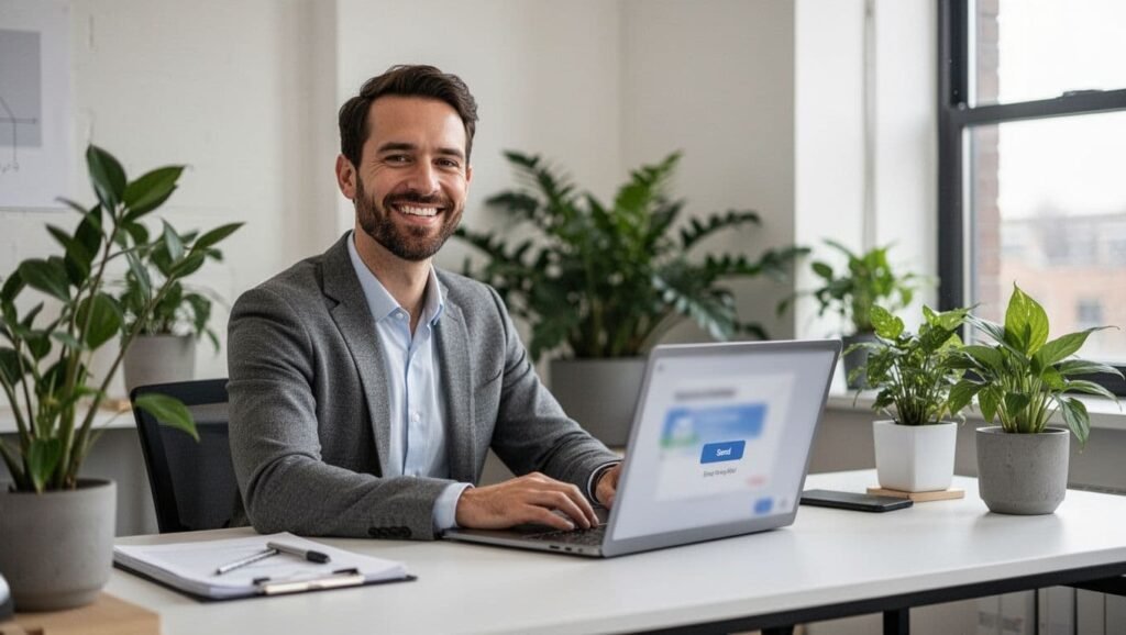Confident business owner smiling at a laptop in a bright office with plants in the background.