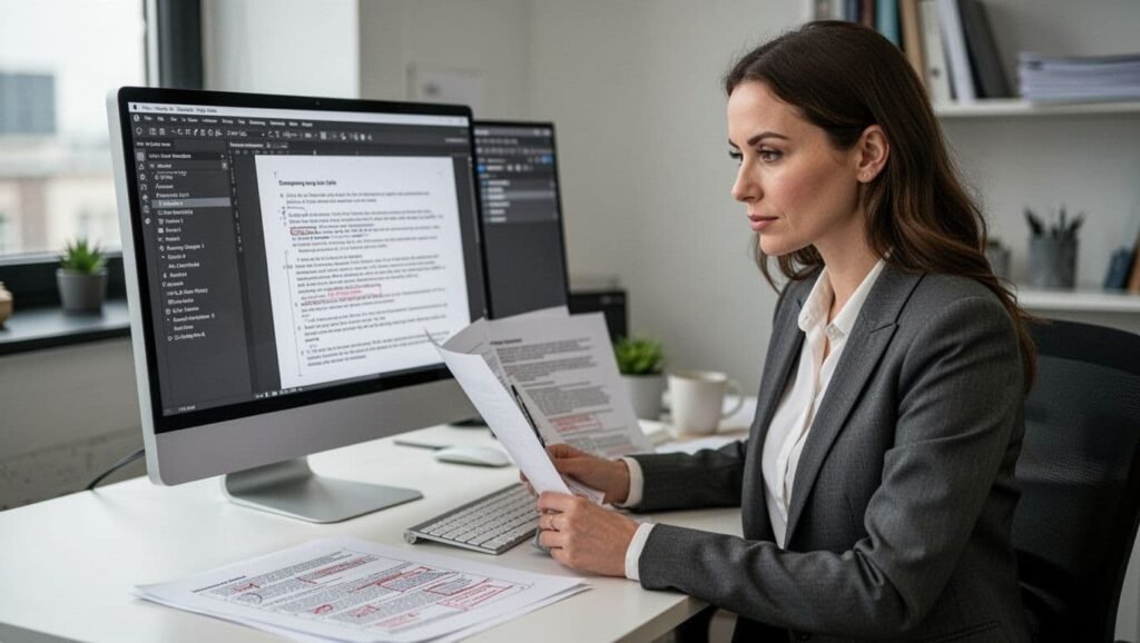 Editor reviewing a document on a desktop monitor, holding printed pages in a bright office setting.