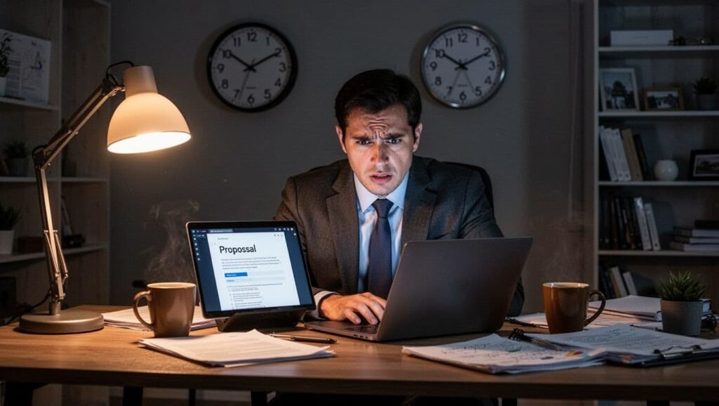Man working late at a desk under a lamp, looking tense while reviewing a proposal on a laptop.