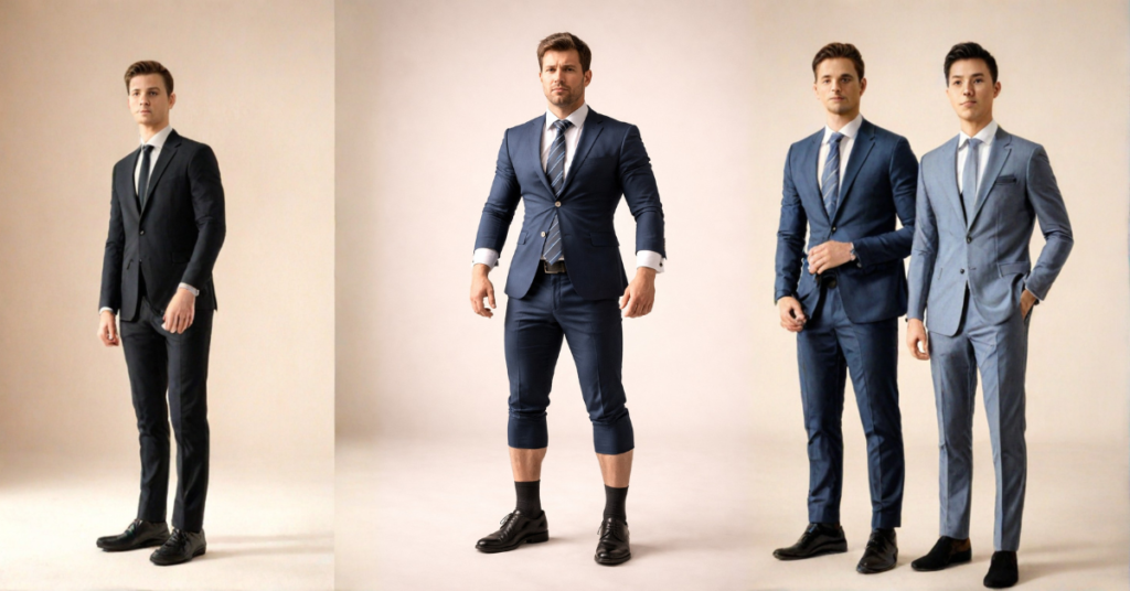 Three men in suits of completely different fits, illustrating how three editing quotes can look similar on the surface but represent entirely different levels of service.