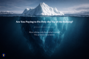 An iceberg split at the waterline. Above: the question 'Are You Paying to Fix Only the Tip of the Iceberg?' Below: the text 'Most editing only fixes what's visible. The problem lives below.' FPS lighthouse badge in lower left corner.
