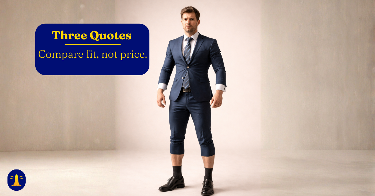 A man in a business suit with comically short trousers and sleeves, illustrating the idea that an editing quote that doesn't fit the job is like a suit that doesn't fit the person.