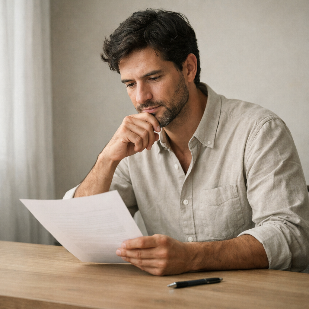 Professional reads a printed document at a clean wooden desk, pen resting nearby. Calm, natural light. Thoughtful expression.
