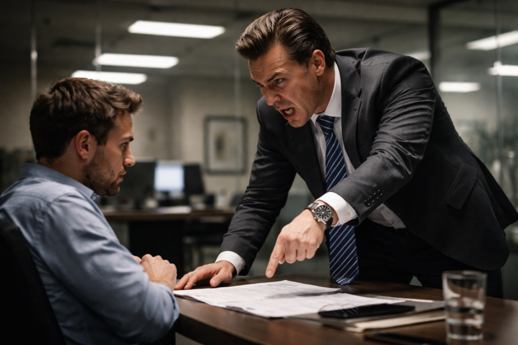 An aggressive salesman leans over a seated client, pointing at documents on the desk. The client looks uncomfortable. This illustrates the pressure tactics a trustworthy editor will never use.